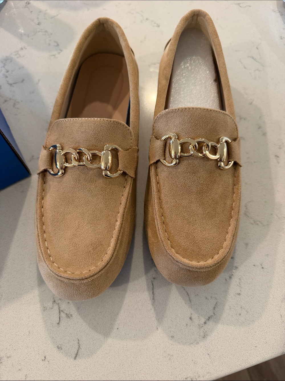 Gold-Chain Suede Loafers in Tan